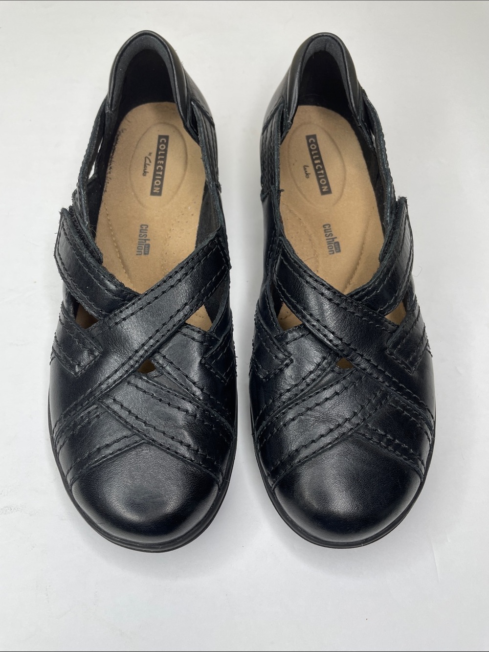 CLARKS Collection Soft Cushion Black Leather Earthy Office Casual Flat Shoes 7.5